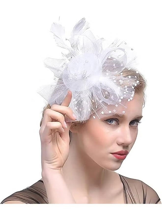 Women's Tea Party Fascinators Mesh Flower-Shaped Pearl Feather Veil Kentucky Derby Fascinator Hats with Headband and Clip - Image 1